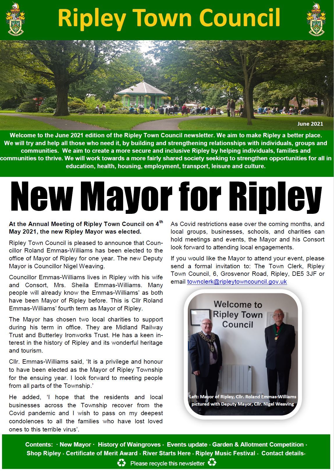 Ripley Town Council June newsletter 2021 New Mayor article photo of Mayor and Deputy Mayor