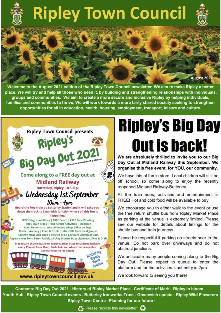 Ripley Town Council August 2021 newsletter advertising the Big Day Out with sunflowers across the top of the page