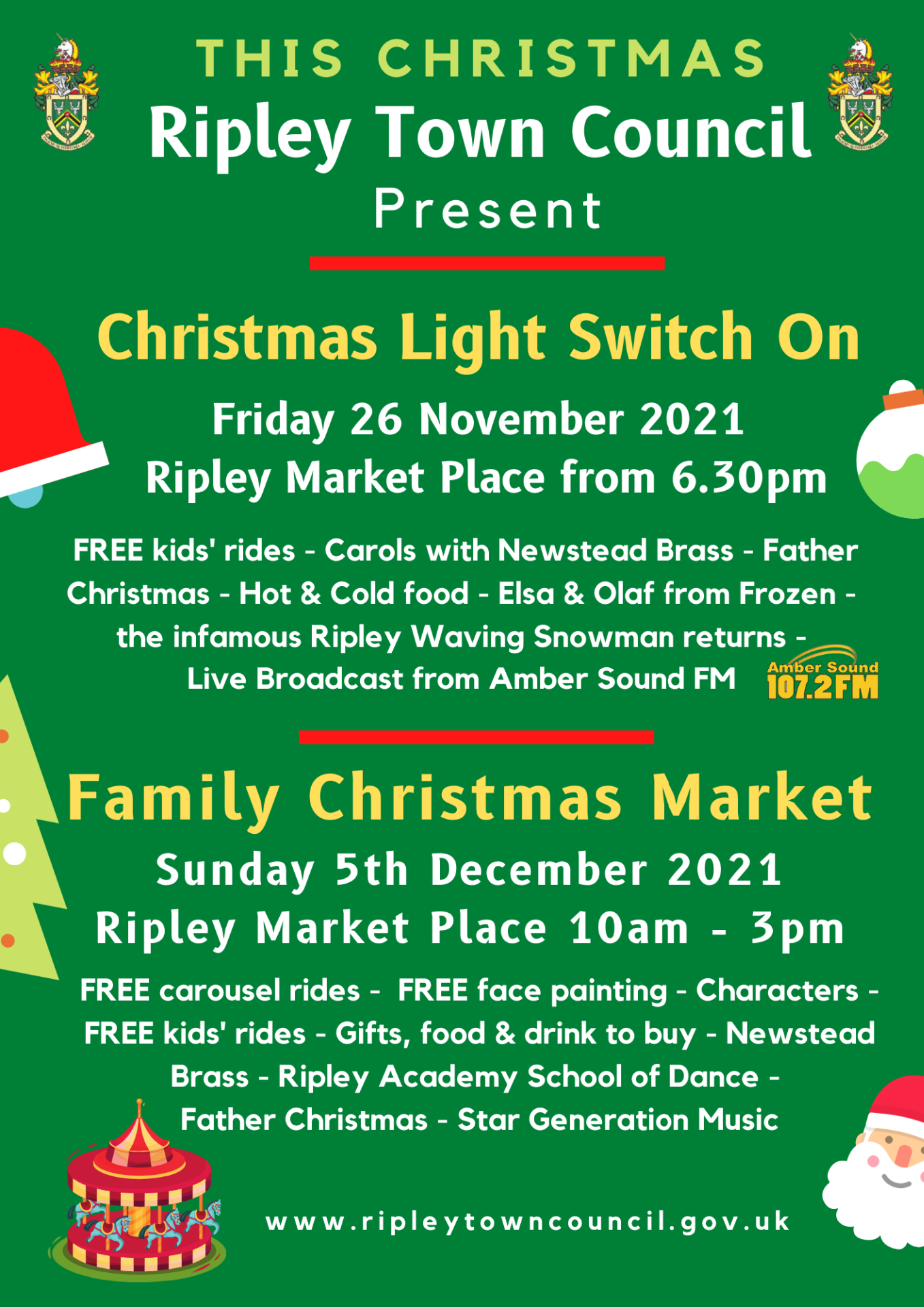 Ripley Christmas event information on a green background with festive images around the page