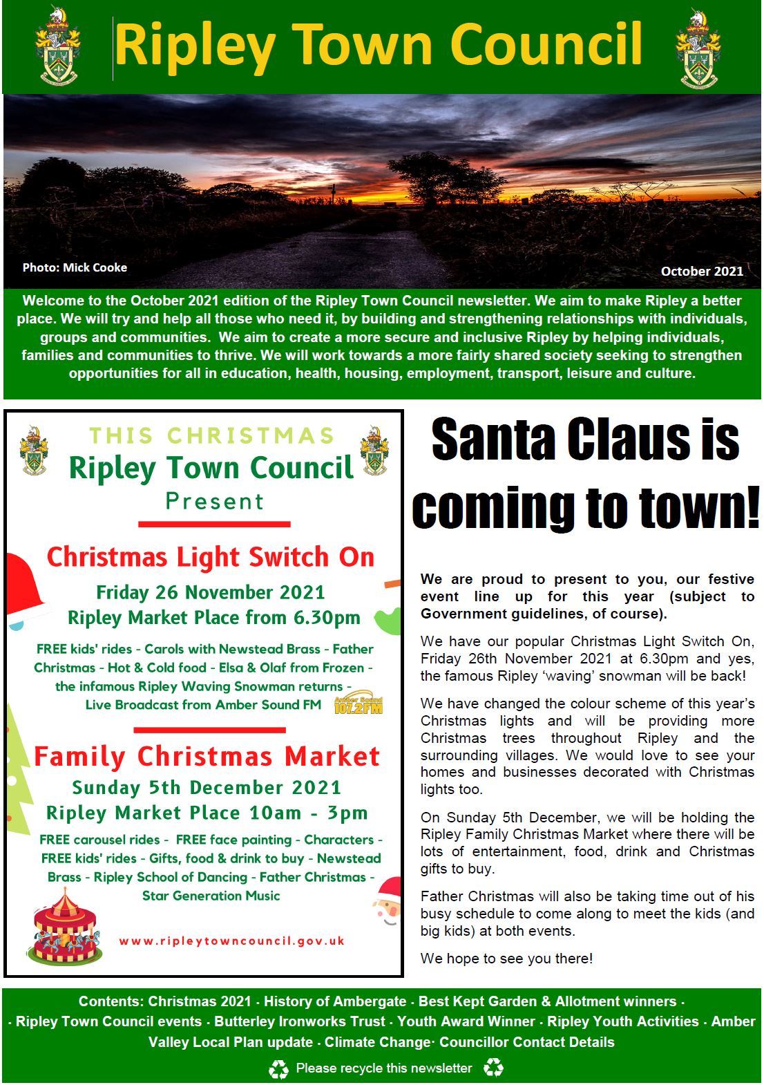 Ripley Town Council October newsletter front cover. Image of a sunset with trees and text about the Christmas events in Ripley.