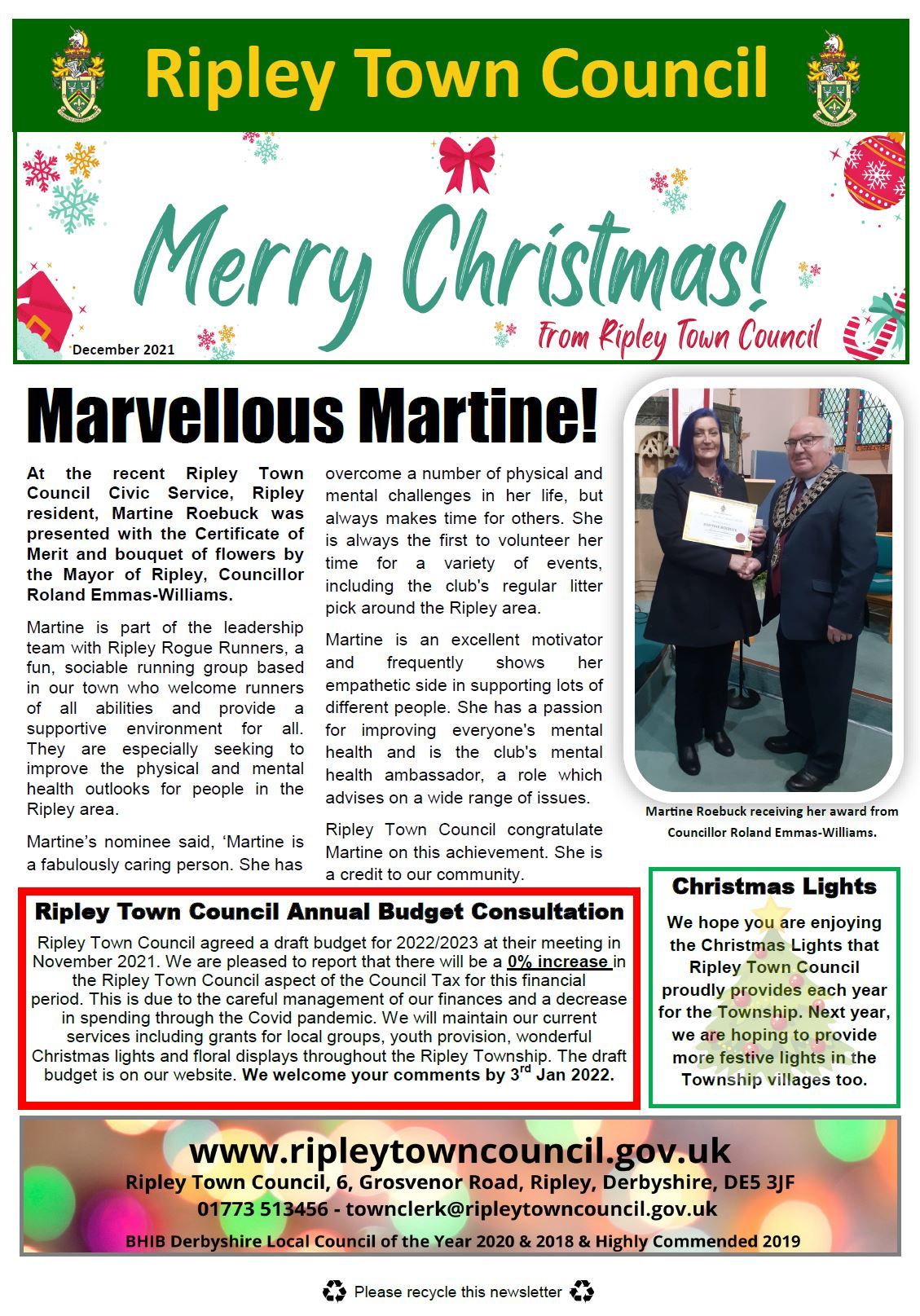 Ripley Town Council December newsletter Merry Christmas message, photo of Certificate of Merit winner and text