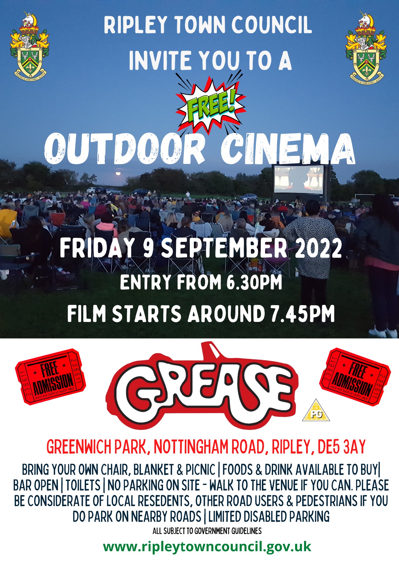 Ripley Outdoor Cinema poster advertising a free showing of Grease