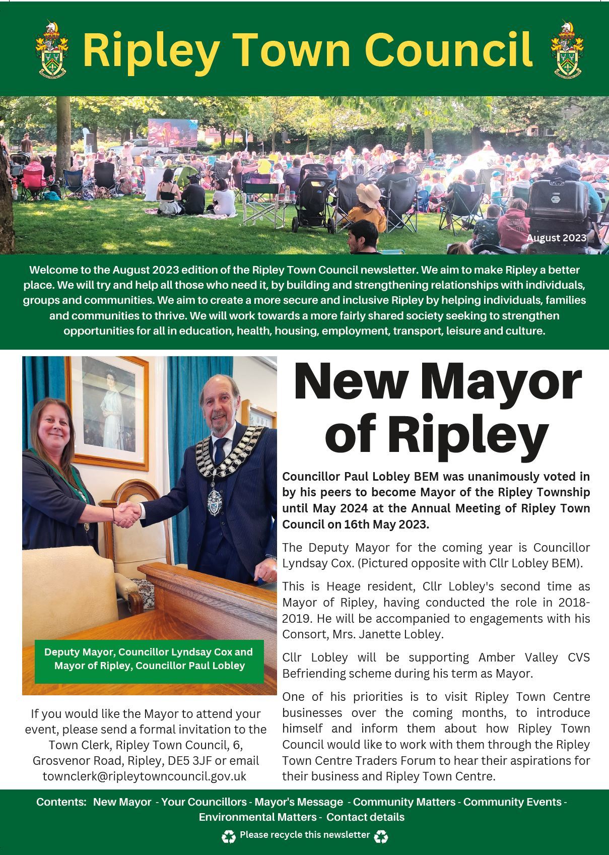 August 2023 newsletter front cover Mayor shaking hands with Deputy Mayor